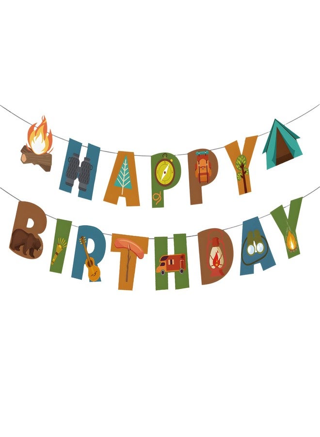 BIEUFBJI Camping Happy Birthday Banner, Camping Theme Happy Birthday Banner for Outdoor Yard Campsite Decor, Fun House with Campfire Tent Oil Lamp Adventure Campsite Birthday Party Decoration - Image 1